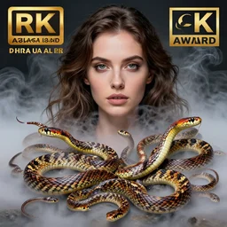a detailed macro photography of a swarm of colourful poisonous snakes in smoke clouds mist as woman's hair portrait, photo realistic, artstation, poster, volumetric lighting, 4 k, award winning