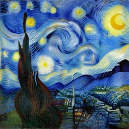 a painting of the city of Rostock in the style of Vincent van Gogh, starry night, blue and yellow
