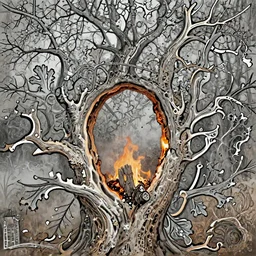 hollow oak tree on fire, portrait, intricate, photograph, fog extreme details cinematic masterpiece