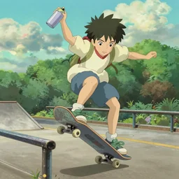 a beautiful movie still in the style of Studio Ghibli anime showing a skateboarder grinding down a rail in high detail. The skater is a girl with green hair and she is waving spray paint can in the air. Studio Ghibli, trending on artstation, trending on behance
