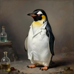 anthropomorphic penguin scientist, neoclassic painting