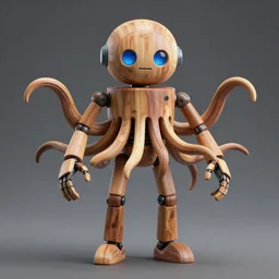 robot face, tentacles arms, wood legs