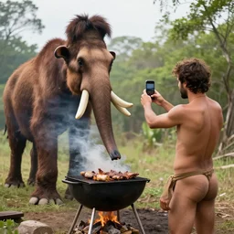 “color photo of a Neanderthal with no cloth man taking an iPhone photo of a mammoth cooking on the grill, National Geographic , anthropology photo”
