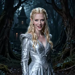 portrait of mischievous, dangerous Cate Blanchett's young Galadriel as a queen of elves, dressed in a elegant silvery dress. The background is a dark, creepy eastern europen forrest.  night, horroristic shadows, high contrasts, lumnious, theatrical, character concept art by ruan jia, thomas kinkade, and J.Dickenson, trending on Artstation