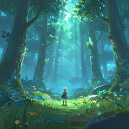 blue forest, glowing, like zelda breath of the wild,