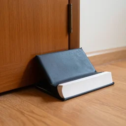 photograph of a book used a door stop