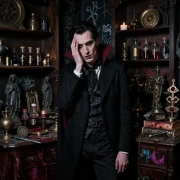 night portrait f / 1. 4 of a neurotic forty two year old british man thin vampire features feeling confidant in a cluttered dark room full of ancient dusty artifacts tables vials of blood dark statues runes shelves magical instruments drapery arcane tools jewels graffiti ritual bloody knife books atmospheric hdr vivid color