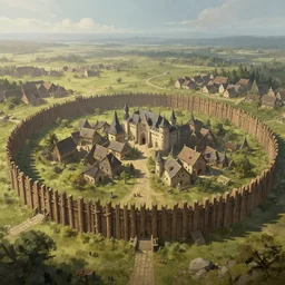 Distant view of huge circular wooden palisade wall surrounding a medieval village, daylight, matte fantasy painting, DeviantArt Artstation, by Jason Felix by Steve Argyle by Tyler Jacobson, cinematic lighting