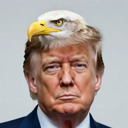 Close-up portrait of Donald Trump with an American bald eagle on his head, octane, dramatic lighting, editorial photo, 35mm, very detailed