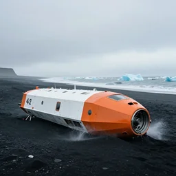 cinematic shot of giant orange and white military spacecraft wreckage on an endless black sand beach in iceland with icebergs in the distance, 2 8 mm, shockwave