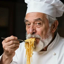 extremely detailed portrait of old italian cook, spaghetti mustache, slurping spaghetti, spaghetti in the nostrils, spaghetti hair, spaghetti beard, huge surprised eyes, shocked expression, scarf made from spaghetti, full frame, award winning photo by james van der zee