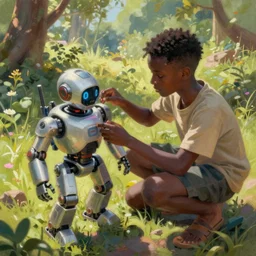 a black kid fixing his futuristic robot in the nature, mixing solarpunk, afropunk ( ( ( ( volumetric light ) ) ) ), high angle, part by pearl fryar, part by prince damah, sunny day, trending on artstation, cinematic view, illustration, painting, realistic, inspired in black panther