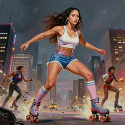gorgeous!! hyper - realistic giant woman resembling ana de armas as bulma on roller skates destroying a city | drawn by artgerm, drawn by wlop, drawn by jeehyung lee