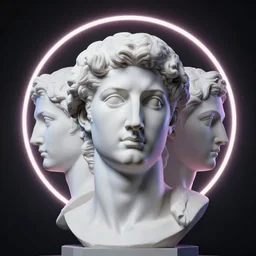 3 d renaissance statue head with a neon ring around it, neon art highly detailed