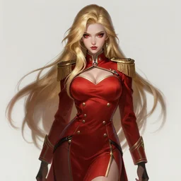 a highly detailed illustration of beautiful long dirty blonde haired pale girl wearing red epaulette uniform, red eyes, dramatic seductive pose, curvaceous, intricate, elegant, highly detailed, centered, digital painting, artstation, concept art, smooth, sharp focus, league of legends concept art, WLOP