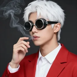 young man in red jacket and white shirt, white hair, round goggles, smoking cigarette, character portrait, sharp focus, illustration, high detailed