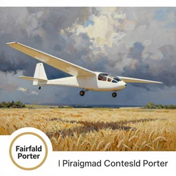 a painting of a white glider airplane flying over a wheat field, an acrylic painting by fairfield porter, reddit contest winner, plein air, oil on canvas, acrylic art, painterly