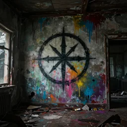a sigil scribbled on the wall, inside a haunted destroyed house, trending on artstation, wide view, cinematic view, cinematic, 8 k, digital photo, unreal engine, colored paint, colorful paint, scary style