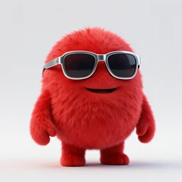 3 d render of completely red hairy friendly antropomorphic creature wearing chrome shades, without nose, grinning, full body, standing on 2 feet, in the style of pixar, white background, unreal engine 5, octane render, highly detailed hdr