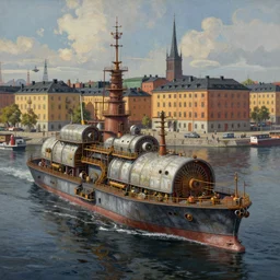 highly detailed painting of dieselpunk stockholm, river, by greg rutkowski, 4 k resolution, trending on artstation