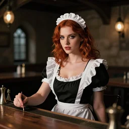 beautiful bar maid with auburn hair, in a medieval tavern at night, dramatic, cinematic, filmic, 7 5 mm, f / 1. 8