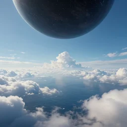 beautiful matte painting of a dreamy ocean with clouds, sci - fi, daylight, blue sky, cinematic lighting, cinematic perspective, black planet above, syd mead, john harris, federico pelat, detailed, 4 k, hd