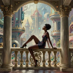 full body shot of a black woman sitting precariously on an ornate balcony railing surrounded by ornate roman columns, behind her a view looking down at a scifi fantasy magic city, digital painting, intricately detailed, highly detailed, artwork by greg rutkowski, folly, mania, extravagance, intoxication, delirium, frenzy, bewrayment