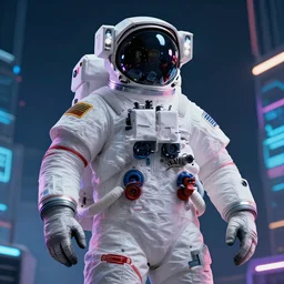 professional photo of astronaut standing close to camera from low angle shot, cyberpunk, synthwave, blade runner, hyperrealistic masterpiece, trending on artstation, cgsociety, kodakchrome, golden ratio, cinematic, composition, beautiful lighting, hyper detailed, sharp focus, octane render, 4 k, unreal engine