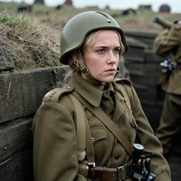 Millie Bobby brown as a soldier, ww1 trench, war photo, film grain