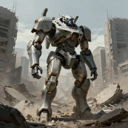 A bipedal mech standing among the rubble of a destroyed city, artstation, mecha, military science fiction, digital painting, gritty, 4k, art by Simon Stålenhag