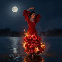 detailed oil painting of spanish flamenco dancer wearing a red dress made of flowers, dress engulfed in flames, standing waist deep in water, midnight, moon, dimly lit, looking away, dark shadows, ethereal, foggy, moody, photo realistic, high definition, 4 k, slr
