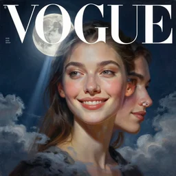3 d, sci - fi, close - up, night, moon, moon rays, fashion model smiling face, cinematic, clouds, vogue cover style, realistic painting, intricate oil painting, high detail illustration, figurative art, multiple exposure, poster art, 3 d, by tooth wu and wlop and beeple and greg rutkowski
