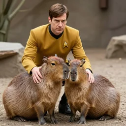 Jordan Peterson in Star Trek uniform petting a capybara