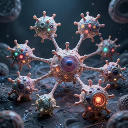 quantum connections represented as symbiotic organisms like cells playing around with colorful lights by ernst haeckel, smooth, sharp, realistic