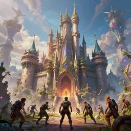 psychedelic castle under siege by humans, unreal engine 5, arnold render, illustration, epic, fantasy, hyper detailed, smooth, in the style of petros afshar, wlop, ross tran, tom whalen, peter mohrbacher, in frame, rule of thirds