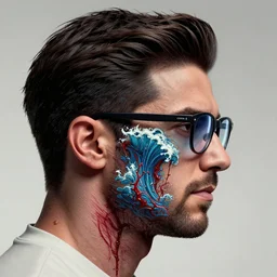 a portrait of a man :: side profile ::  blood  and ocean intricate details :: glasses :: octane render :: 8k :: by MARVEL comics and Sandra Chevrier
