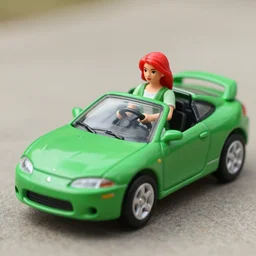 a red haired woman driving a Jada toys mitsubishi eclipse green diecast car, high resolution macro photo