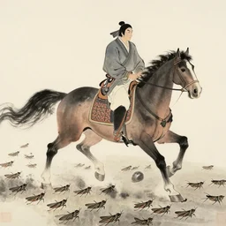 samurai riding a horse through a swarm of locusts, sumi-e