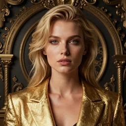 face shot portrait of attractive blonde powerful young woman withgolden blazer, by greg rutkowski, by zdzislaw beksinski, very detailed, ornate, intricate, octane render, dark color lighting, volumetric lighting, 8 5 mm