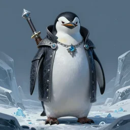 anthropomorphic evil penguin wearing dark clothes, icy landscape, weapons, dnd, mystical, large portrait, casual pose, character, fantasy, intricate, elegant, digital painting, artstation, concept art, smooth, 8 k frostbite 3 engine, ultra detailed, art by artgerm and greg rutkowski and magali villeneuve