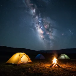 camping out in the middle of nature, tents in the background, starry sky, milky way, campfire, highly detailed, 4 k