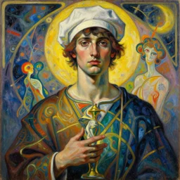 Beautiful Caravaggio and kandinsky style art deco oil painting of young aduldt with a white cap, highly detailed, Nigredo, dark enlightenment, alchemy, Art deco, Vibrant volumetric natural light In style of Josan Gonzalez and Mike Winkelmann and andgreg rutkowski and alphonse muchaand and Caspar David Friedrich and Stephen Hickman and James Gurney and Hiromasa Ogura.