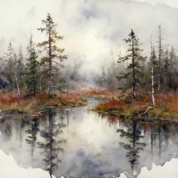 watercolor painting of scandinavian bog, reflective, fog, ambient lighting, art by anders zorn, wonderful masterpiece by greg rutkowski, cinematic light, american romanticism by greg manchess, creation by tyler edlin, mockup watercolor sketch with bold brushstrokes, smudged and smeared paint