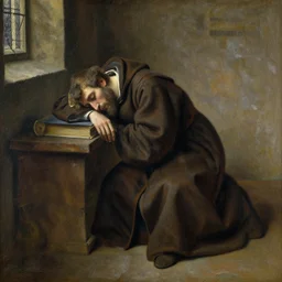 a medieval monk very drunk and depressed in his cell; a painting by Claude Monet