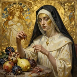 masterpiece ultrarealistic ultradetailed stefan gesell medium shot painting of slimy catholic veiled lady beside rotten fruit still life, intricate, elegant, dramatic lighting, greg rutkowski, immerse, 1 9 th, special effects makeup, maximalist, glittering, gold, ivory, hyperreal, golden ratio, alphonse mucha