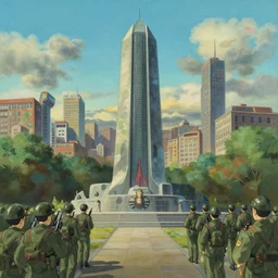 centred painting of a futuristic war memorial with soldiers in a city, honor, peace, octane rendering, trending on artstation, studio ghibli, michael whealan and james gurney