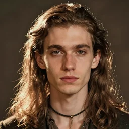 Photograph of a young extremely thin 1930s outcast man with long hair