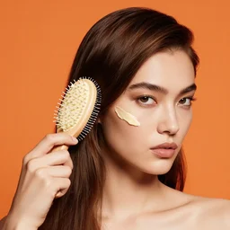 extremely detailed studio closeup portrait of a fashion model brushing hair with butter. surreal photograph, lo - fi, polished look, solid orange background, silly and serious, hermes ad, fashion photography, toiletpaper magazine by pierpaolo ferrari and maurizio cattelan, 3 5 mm photograph, colourful, david lachapelle, canon eos c 3 0 0, 8 k, medium - format print
