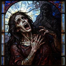 mosaic, stained glass by paul henry realist, dreadful. a beautiful digital art that of the feeling of terror & anguish. the bright sky contrasts sharply with the dark, ominous figure in the background, creating a sense of unease & foreboding. the figure's face is twisted in a scream of agony, conveying the true horror of the scene. this digital art is truly a masterpiece of emotion & terror.