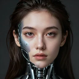 close - up portrait of beautiful young woman with the cybernetic face in half.